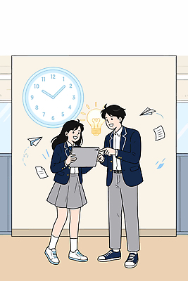 학생 디자인 교육 시계 일러스트 교실 수업 협력 아이디어 이야기 친구 학습 태블릿 기쁨 휴일 종이비행기 창의력 프로젝트 국내일러스트 주4일제 AI파일 감정 컨셉 학교 관계 전자제품 스마트기기 종이접기 제도 파일형식 벡터 종이 접기 모션