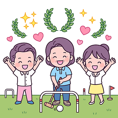 스포츠 포즈 일러스트 성공 웃음 잔디 친구 기쁨 축하 즐거움 게이트볼 국내일러스트 AI파일 식물 감정 컨셉 관계 표정 구기 파일형식 벡터