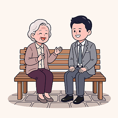 공원 남자 할머니 벤치 일러스트 관계 이야기 대화 웃음 사람 일상 만남 편안함 즐거움 국내일러스트 AI파일 공공시설 여자 노년 감정 컨셉 의자 표정 말하기 라이프 감각 파일형식 벡터 가구 모션 성인 생활 시설 생활용품 오브젝트