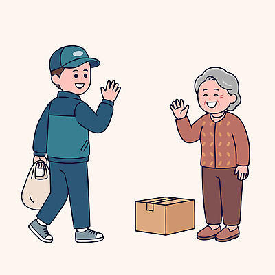 노년 할머니 가방 일러스트 친절 대화 미소 손짓 여러명 상자 인사 도움 배달원 배송 지역사회 국내일러스트 AI파일 직업 잡화 여자 다수 컨셉 모션 표정 말하기 사람 성인 예절 파일형식 벡터