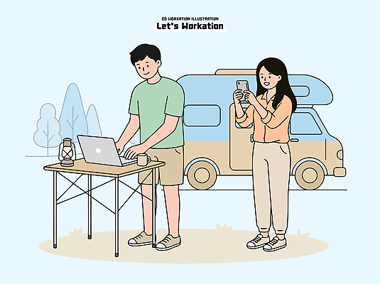 디자인 여자 남자 여유 일러스트 자동차 자연 탁자 노트북 스마트폰 스마트기기 캠핑 작업 캠핑장 국내일러스트 AI파일 감정 육상교통 가구 레저 사람 전자제품 핸드폰 생태계 파일형식 벡터 교통수단 생활용품 교통 오브젝트