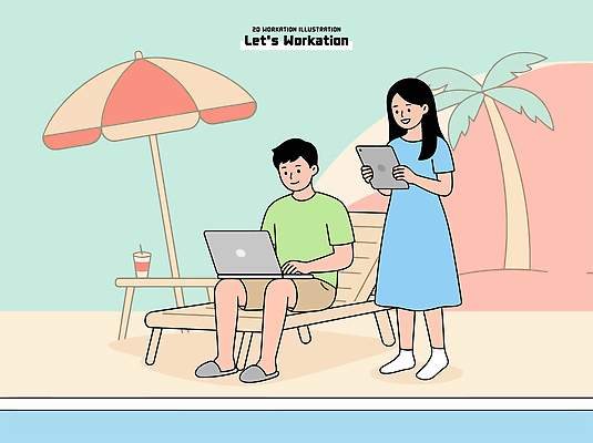 바다 여행 일러스트 휴식 사람 해변 여름 친구 컴퓨터 태블릿 디지털 파라솔 작업 국내일러스트 AI파일 계절 컨셉 관계 전자제품 스마트기기 파일형식 벡터