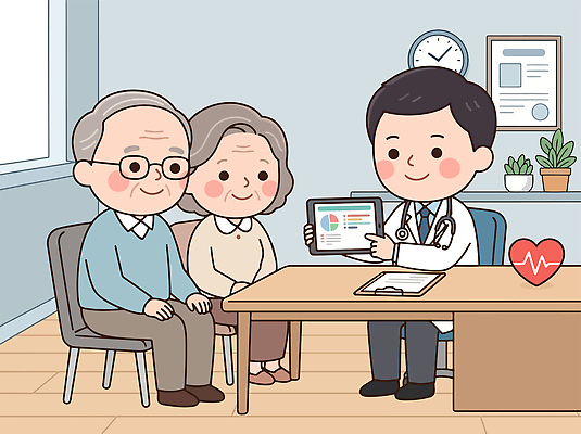 식물 노년 시계 일러스트 의학 건강 대화 설명 치료 태블릿 노부부 진료 환자 의사 정보 상담 진료실 국내일러스트 AI파일 부부 모션 병원 말하기 성인 전자제품 스마트기기 의료진 파일형식 벡터 직업 커플 사람 관계