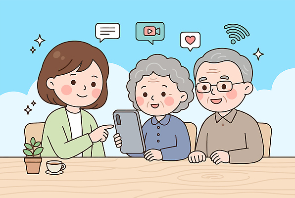할아버지 노년 할머니 일러스트 탁자 함께함 기술 대화 웃음 스마트폰 학습 가르침 메시지 영상 소통 소셜미디어 국내일러스트 AI파일 여자 교육 남자 가구 컨셉 표정 말하기 성인 핸드폰 스마트기기 파일형식 벡터 생활용품 모션 사람 전자제품 오브젝트