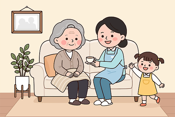 행복 할머니 일러스트 가족 엄마 함께함 따뜻함 이야기 대화 사랑 웃음 앉기 소파 편안함 손주 국내일러스트 AI파일 여자 노년 감정 컨셉 의자 관계 모션 표정 말하기 감각 파일형식 벡터 가구 사람 성인 생활용품 오브젝트