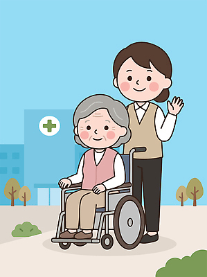 노년 이동 일러스트 건강 병원 웃음 사람 일상 치료 환자 간호사 도움 간호 복지 서비스 휠체어 동행 국내일러스트 AI파일 컨셉 의학 표정 성인 라이프 의료진 사회이슈 파일형식 벡터 직업 생활