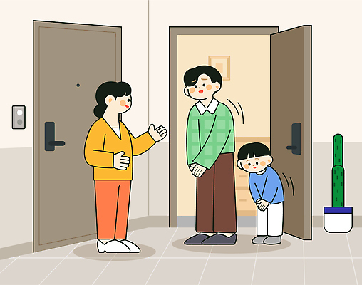 여자 남자 어린이 일러스트 가정 가족 아파트 대화 일상 듣기 만남 인사 사죄 고객 현관문 이웃 소통 주민 층간소음 국내일러스트 AI파일 컨셉 관계 모션 주택 말하기 사람 라이프 문 예절 소음 파일형식 벡터 건물 생활 소리 건축물 건축
