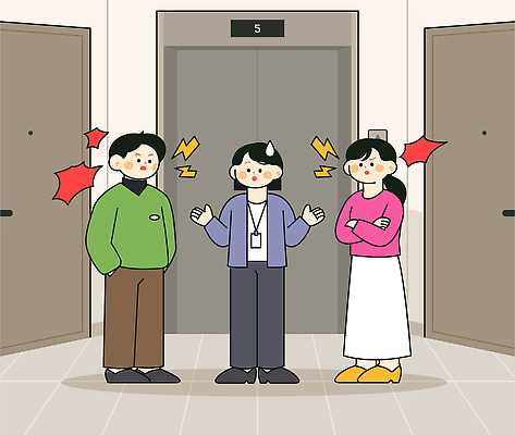 캐릭터 포즈 일러스트 관계 아파트 표정 이야기 대화 여러명 생활 공간 만남 엘리베이터 위치 이웃 심리 말다툼 소통 불화 주민 층간소음 국내일러스트 AI파일 다수 컨셉 주택 말하기 사람 싸움 소음 파일형식 벡터 모션 건물 소리 건축물 건축