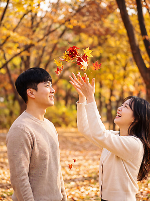 JPG 편집이미지 커플 공원 여자 남자 행복 여유 데이트 자연 단풍나무 나뭇잎 사랑 웃음 가을풍경 던지기 숲 소통 의료성형뷰티 편집실사 AI인물포토 AI콘텐츠 나무 공공시설 감정 컨셉 단풍 잎 관계 모션 표정 사람 풍경 가을 CG 생태계 파일형식 AI포토 식물 계절 시설