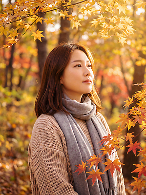 JPG 편집이미지 계절 여자 자연 단풍나무 나뭇잎 산 가을풍경 주황색 스카프 숲 가을여행 의료성형뷰티 편집실사 AI인물포토 AI콘텐츠 나무 컬러 여행 단풍 잎 사람 풍경 목도리 가을 CG 생태계 파일형식 AI포토 식물 잡화