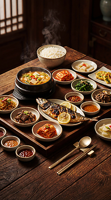 JPG 편집이미지 한식 채소 탁자 밥 반찬 김치 한국 요리 식사 전통음식 맛 상차림 찌개 생선구이 한정식 편집실사 AI포토 AI콘텐츠 전통 아시아 음식 가구 컨셉 구이 CG 생선요리 정식 파일형식 나라 생활용품 어류 수중동물 오브젝트 동물