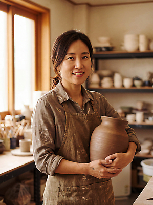 JPG 편집이미지 여자 예술 탁자 수업 도구 항아리 도자기 작업실 도자기공예 예술가 점토 도예가 창작 의료성형뷰티 편집실사 AI인물포토 AI콘텐츠 직업 교육 가구 사람 공예 CG 파일형식 AI포토 생활용품 취미 오브젝트