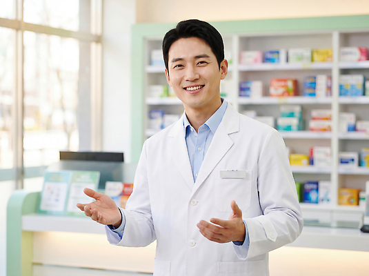 JPG 편집이미지 남자 건강 웃음 일상 치료 약 상점 전문직 약국 서비스 상담 약사 의료성형뷰티 편집실사 AI인물포토 AI콘텐츠 직업 의학 표정 사람 라이프 CG 파일형식 AI포토 생활