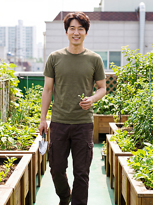 JPG 식물 편집이미지 남자 채소 웃음 초록색 환경 정원 농사 도시 작업 농부 옥상 삽 유기농 원예 가꾸기 텃밭 의료성형뷰티 편집실사 AI인물포토 AI콘텐츠 직업 웰빙 컬러 밭 농업 표정 사람 취미 CG 파일형식 AI포토 산업