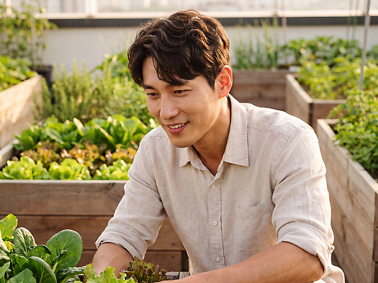 JPG 식물 편집이미지 남자 자연 건강 웃음 농작물 환경 정원 농사 도시 농부 옥상 유기농 텃밭 의료성형뷰티 편집실사 AI인물포토 AI콘텐츠 직업 웰빙 밭 농업 표정 사람 CG 생태계 파일형식 AI포토 산업
