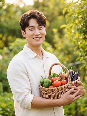 JPG 식물 편집이미지 남자 토마토 채소 자연 피망 웃음 여름 바구니 정원 농사 수확 농부 텃밭 의료성형뷰티 편집실사 AI인물포토 AI콘텐츠 직업 계절 밭 농업 표정 사람 CG 생태계 파일형식 AI포토 산업