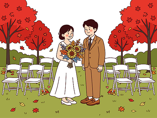 나무 여자 남자 행복 신부 꽃다발 신랑 결혼 잎 의자 일러스트 단풍나무 결혼식 사랑 야외 가을 국내일러스트 AI파일 식물 계절 꽃 감정 가구 단풍 사람 이벤트 파일형식 벡터 생활용품 오브젝트