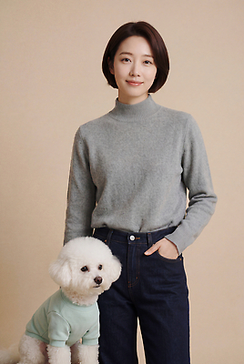 JPG 동물 모델 편집이미지 응시 옷 여자 반려견 포즈 서기 사람 강아지 스웨터 펫케어 의료성형뷰티 스타일 편집실사 AI인물포토 AI콘텐츠 시선 상의 모션 관리 반려동물 개 CG 파일형식 AI포토 포유류