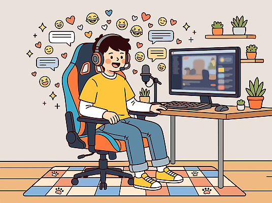 식물 남자 행복 의자 일러스트 웃음 컴퓨터 모니터 헤드셋 방 게임 키보드 마우스 온라인 소통 채팅 콘텐츠 크리에이터 국내일러스트 AI파일 직업 감정 음향기기 가구 컨셉 놀이 표정 사람 전자제품 컴퓨터용품 헤드폰 파일형식 벡터 1인미디어 생활용품 오브젝트 방송