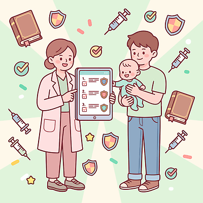 어린이 일러스트 의학 건강 안전 사람 치료 부모 육아 의사 정보 아기 기록 보호 계획 검사 상담 예방 안심 백신 예방접종 국내일러스트 AI파일 컨셉 가족 의료진 접종 파일형식 벡터 직업 관계
