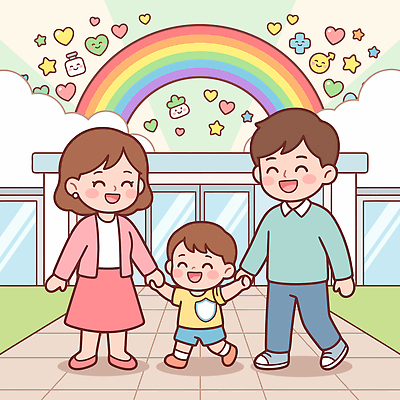 행복 어린이 무지개 일러스트 가족 함께함 사랑 웃음 사람 부모 귀여움 손잡기 즐거움 예방접종 국내일러스트 AI파일 자연요소 감정 컨셉 관계 모션 표정 접종 파일형식 벡터 의학