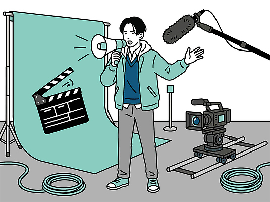 남자 일러스트 스튜디오 조명 설명 카메라 촬영 장비 감독 클래퍼보드 영화 마이크 스태프 피디 국내일러스트 AI파일 직업 음향기기 모션 문화예술 사람 전자제품 파일형식 벡터