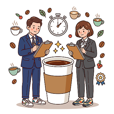여자 남자 커피 시계 일러스트 컵 시험 원두 맛 전문직 바리스타 평가 대회 서류판 스톱워치 심사위원 카페인 국내일러스트 AI파일 직업 식기 교육 음료 컨셉 사람 사무용품 파일형식 벡터 문구용품 오브젝트