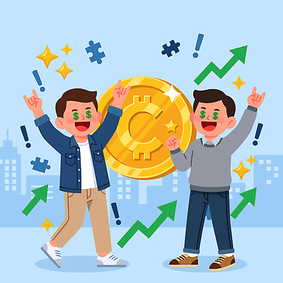남자 행복 화살표 돈 일러스트 성공 그래프 함께함 경고 친구 동전 기쁨 즐거움 투자 금화 재정 가상화폐 국내일러스트 AI파일 감정 컨셉 비즈니스 관계 사람 재산 황금 파일형식 벡터 금융 경제