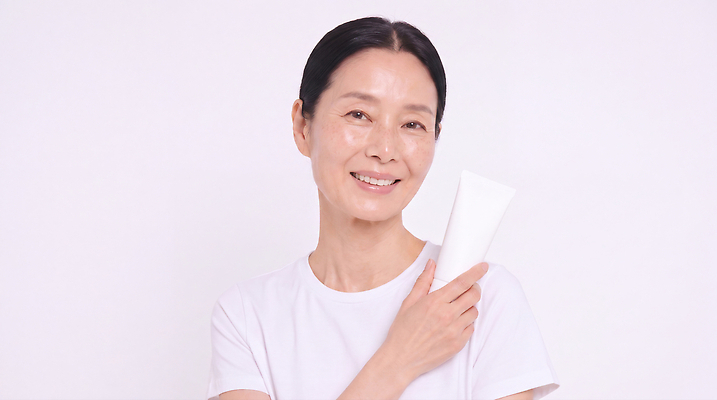 JPG 편집이미지 여자 얼굴 중년 티셔츠 웃음 일상 흰색 상품 피부 크림 피부관리 스킨케어 의료성형뷰티 편집실사 AI인물포토 AI콘텐츠 컬러 셔츠 표정 사람 성인 라이프 신체부위 뷰티 CG 파일형식 AI포토 상의 생활 옷