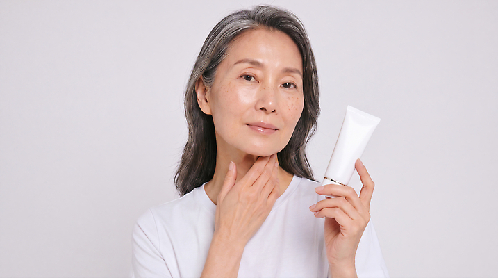 JPG 편집이미지 여자 얼굴 중년 포즈 표정 관리 촬영 화장품 상품 집중 피부 피부관리 스킨케어 의료성형뷰티 편집실사 AI인물포토 AI콘텐츠 컨셉 사람 성인 신체부위 뷰티 CG 파일형식 AI포토