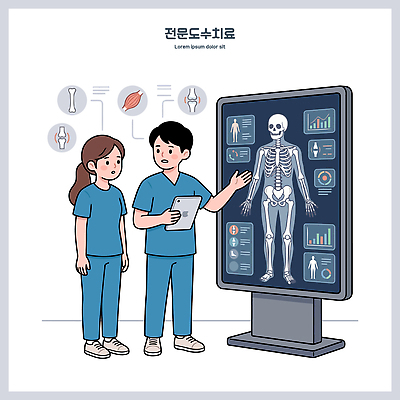여자 남자 신체 일러스트 의학 근육 뼈 엑스레이 건강 병원 설명 치료 태블릿 스크린 진료 환자 의사 정보 전문직 물리치료사 도수치료 국내일러스트 AI파일 직업 모션 사람 전자제품 스마트기기 의료진 치료사 파일형식 벡터