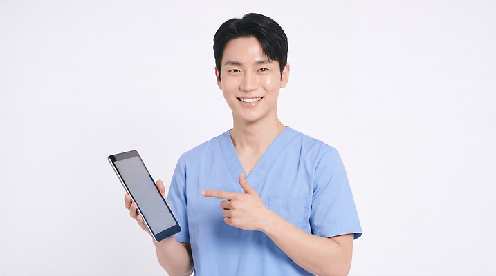 JPG 편집이미지 남자 의학 기술 건강 병원 웃음 전자제품 태블릿 진료 간호사 의사 가리킴 의료성형뷰티 편집실사 AI인물포토 AI콘텐츠 표정 사람 손짓 스마트기기 의료진 CG 파일형식 AI포토 직업 모션