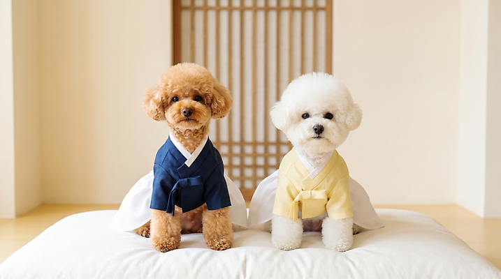 JPG 편집이미지 옷 반려견 문화 한국 털 앉기 반려동물 방 침대 강아지 한복 화합 성격 편집실사 AI포토 AI콘텐츠 동물 한국전통 아시아 가구 모션 개 전통의상 CG 파일형식 전통 나라 생활용품 포유류 오브젝트