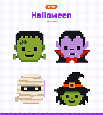 캐릭터 일러스트 세트 할로윈 마녀 드라큘라 미라 엘리먼트 프랑켄슈타인 픽셀 국내일러스트 AI파일 몬스터 파일형식 벡터