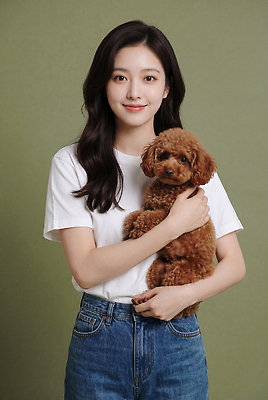 JPG 모델 편집이미지 반려견 포즈 티셔츠 안기 사람 반려동물 청바지 강아지 푸들 의료성형뷰티 편집실사 AI인물포토 AI콘텐츠 동물 셔츠 바지 모션 개 CG 파일형식 AI포토 상의 포유류 하의 옷