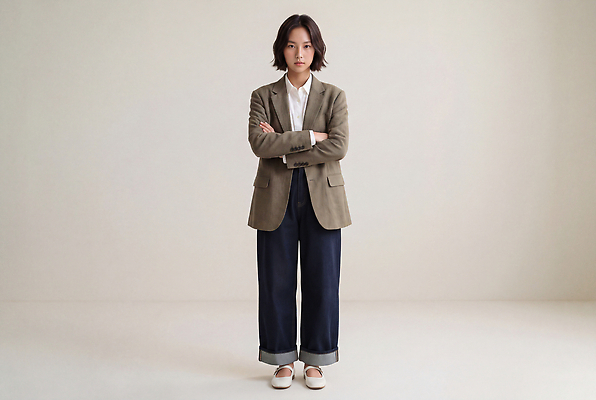 JPG 편집이미지 여자 패션 포즈 서기 정장 팔짱 재킷 청바지 모던 의료성형뷰티 스타일 편집실사 옷 바지 모션 사람 외투 CG 파일형식 상의 하의