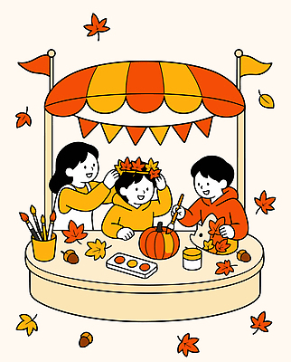 단풍 일러스트 가족 놀이 호박 미술 축제 주황색 가을 색칠 즐거움 그림 머리장식 부스 창의성 국내일러스트 AI파일 계절 감정 컬러 잎 채소 관계 문화예술 장식 파일형식 벡터 식물