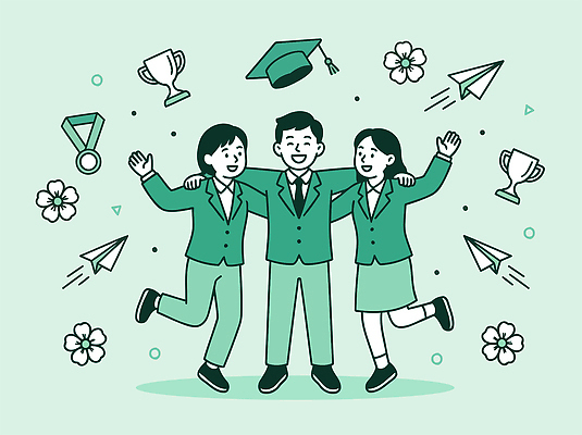 학생 꽃 일러스트 졸업 졸업식 웃음 초록색 친구 기쁨 축하 상패 메달 종이비행기 즐거움 단체사진 국내일러스트 AI파일 식물 교육 감정 컬러 컨셉 관계 표정 우승 상 종이접기 기념사진 파일형식 벡터 종이 최고 접기 모션