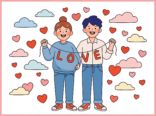 행복 일러스트 사랑 두명 임산부 임신 하트 메시지 즐거움 국내일러스트 AI파일 모양 감정 사람 파일형식 벡터