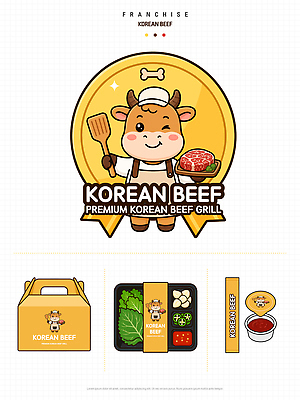 캐릭터 디자인 음식 일러스트 포장 한국 육류 요리 상자 식당 식사 소고기 소 심볼 패키지 한우 마케팅 프랜차이즈 국내일러스트 AI파일 아시아 식재료 포유류 상점 파일형식 벡터 동물 나라