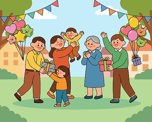 행복 할머니 어린이 일러스트 가족 선물 웃음 사람 이벤트 부모 파티 기쁨 모임 축하 생일 즐거움 풍선 공동체 국내일러스트 AI파일 여자 기념일 노년 감정 컨셉 관계 표정 파일형식 벡터 성인