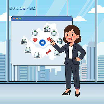 여자 일러스트 의학 병원 설명 사무실 스크린 자료 가리킴 프레젠테이션 서비스 비대면서비스 AI_인공지능 국내일러스트 AI파일 비즈니스 모션 사람 손짓 파일형식 벡터 언택트