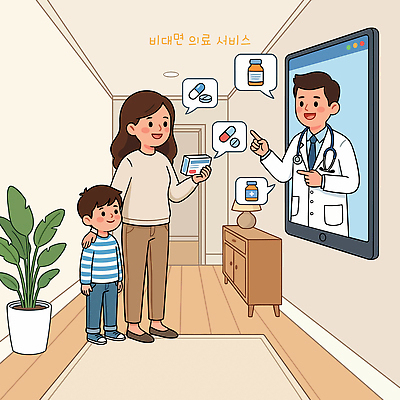 어린이 일러스트 가족 엄마 부모 약 건강관리 진료 의사 상담 소통 원격의료 비대면서비스 국내일러스트 AI파일 컨셉 의학 관계 건강 관리 사람 의료진 서비스 원격 파일형식 벡터 언택트 직업