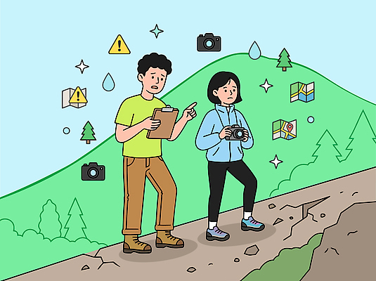 나무 기호 길 지도 일러스트 자연 경고 풍경 두명 걷기 카메라 촬영 등산 탐험 계획 숲 지형 서류판 국내일러스트 AI파일 식물 문자 컨셉 모션 사람 전자제품 사무용품 트래킹 생태계 파일형식 벡터 레저 문구용품 오브젝트