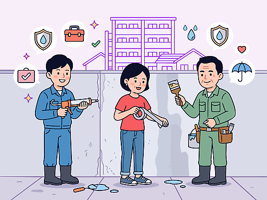 직업 여자 남자 일러스트 협력 아파트 안전 건물 생활 도구 작업 수리 보호 테이프 문제 해결 보수공사 하자보수 국내일러스트 AI파일 건축물 컨셉 문구용품 주택 사람 파일형식 벡터 건축 오브젝트
