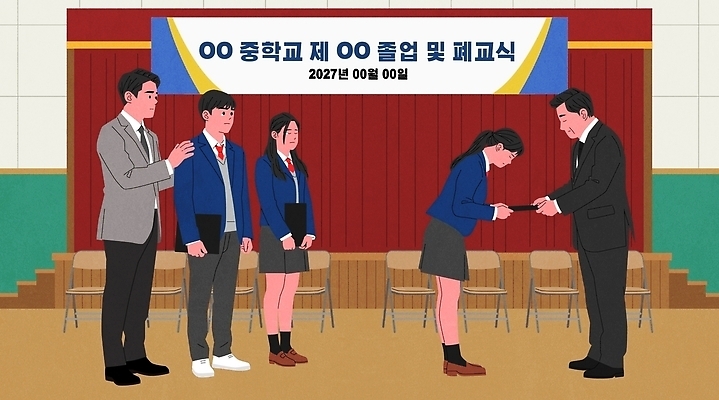 직업 옷 교육 컨셉 졸업 학교 사람 우승 파일형식 벡터 남자 여자 졸업식 중학교 학생 상패 수여 줄 정장 교실 교사 기념 축하 이별 일러스트 국내일러스트 AI파일 폐교