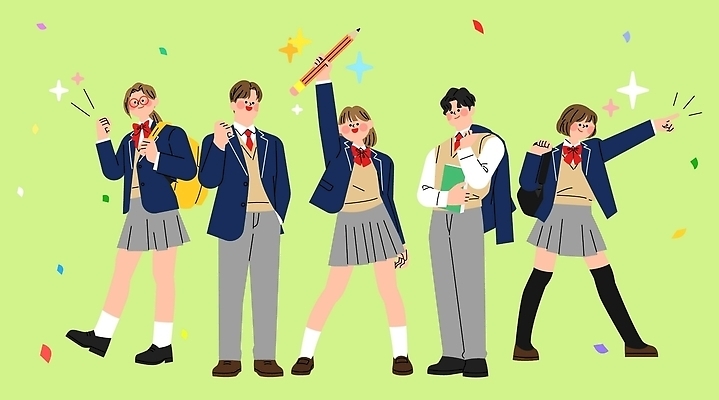 학생 여자 남자 행복 교복 포즈 가방 일러스트 학교 청소년 고등학교 웃음 친구 즐거움 입시 수험생 입시생 국내일러스트 AI파일 잡화 옷 교육 감정 관계 고등학생 표정 사람 학습 파일형식 벡터