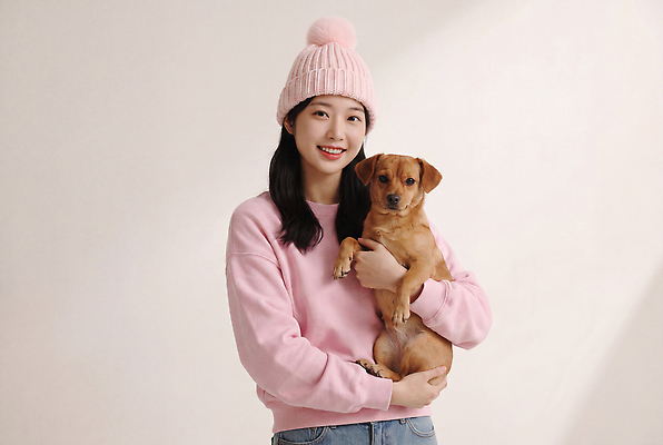 JPG 동물 편집이미지 모자 여자 행복 반려견 포즈 안기 반려동물 귀여움 강아지 의료성형뷰티 편집실사 잡화 감정 컨셉 모션 사람 개 CG 파일형식 포유류