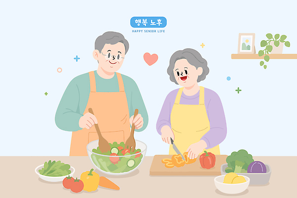 커플 노년 행복 음식 채소 일러스트 재료 가족 함께함 대화 사랑 요리 실버라이프 노후 주방 식사 샐러드 연령 즐거움 요리중 국내일러스트 AI파일 라이프스타일 감정 컨셉 관계 모션 말하기 성인 파일형식 벡터 사람 생활