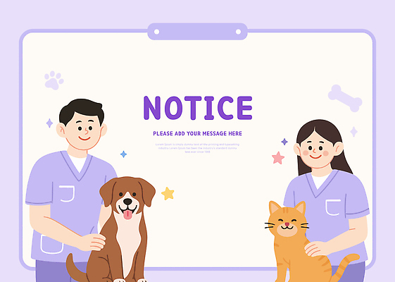동물 직업 여자 남자 일러스트 프레임 사랑 웃음 사람 치료 장식 친구 반려동물 환경 보라색 고양이 희망 강아지 공지사항 동물병원 수의사 국내일러스트 AI파일 감정 컬러 포유류 의학 관계 표정 병원 의사 개 파일형식 벡터 의료진